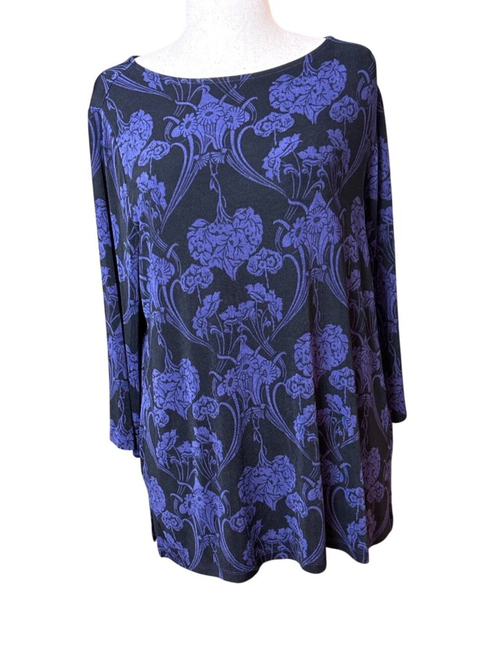 Chicos Travelers Black & Purple Floral Tunic Top Size 3 (16/18) 3/4 Sleeves Stre